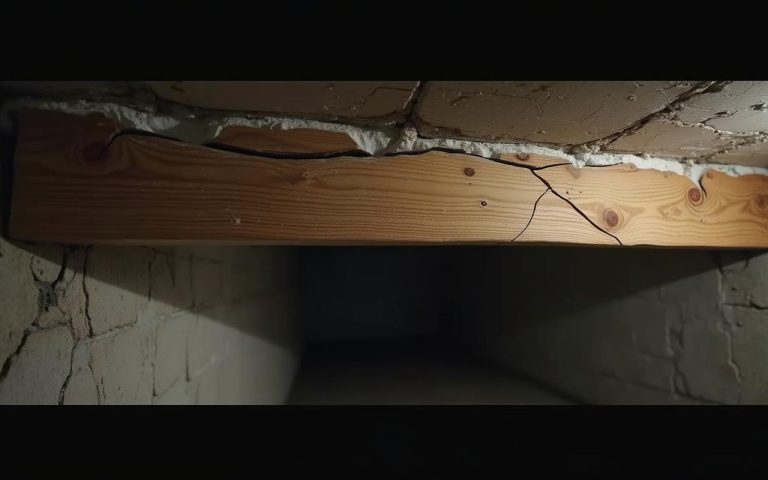 Poutre en bois fissurée dans un sous-sol avec des signes d'affaissement.