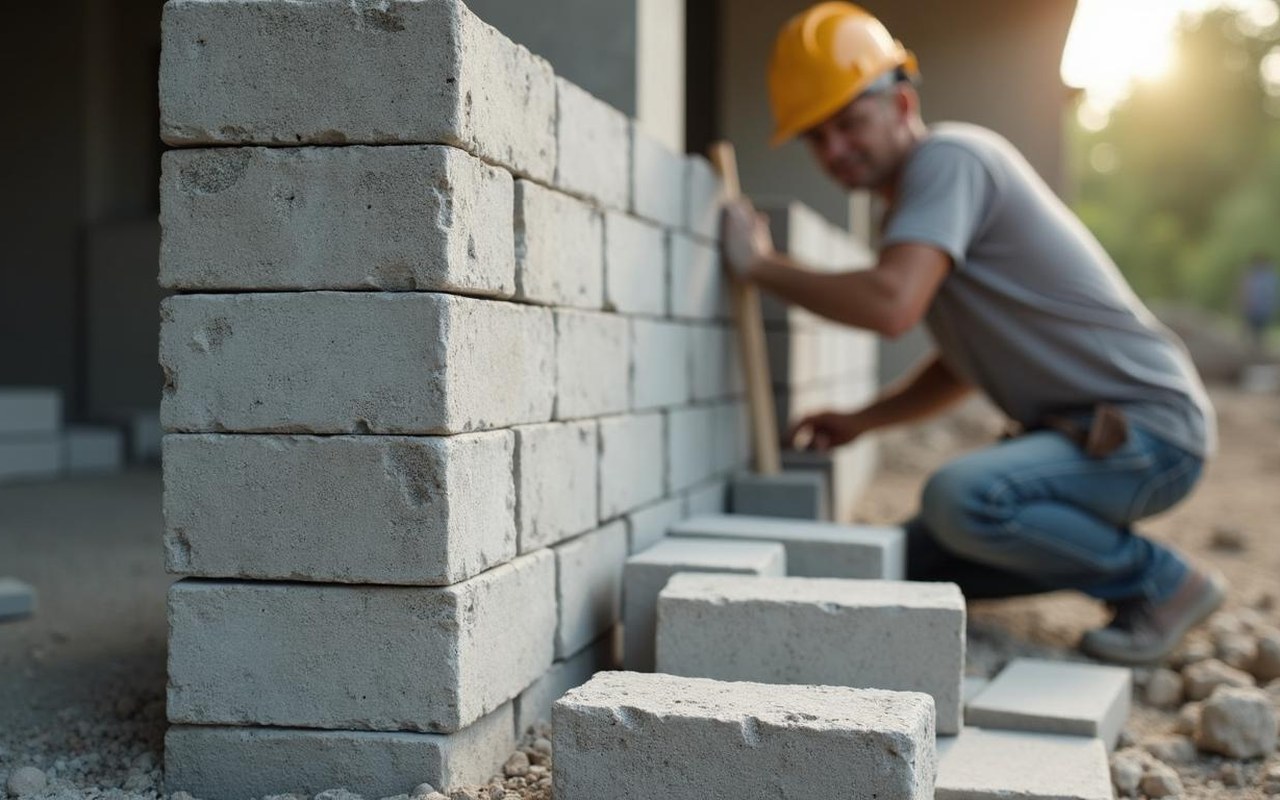 Chantier de construction avec des parpaings et un maçon en action.