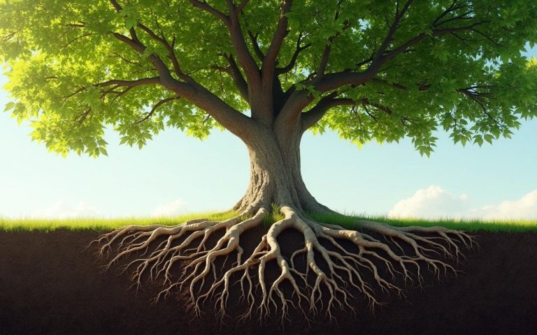 Système racinaire d'un catalpa mature dans un sol bien préparé, illustrant la profondeur des racines.