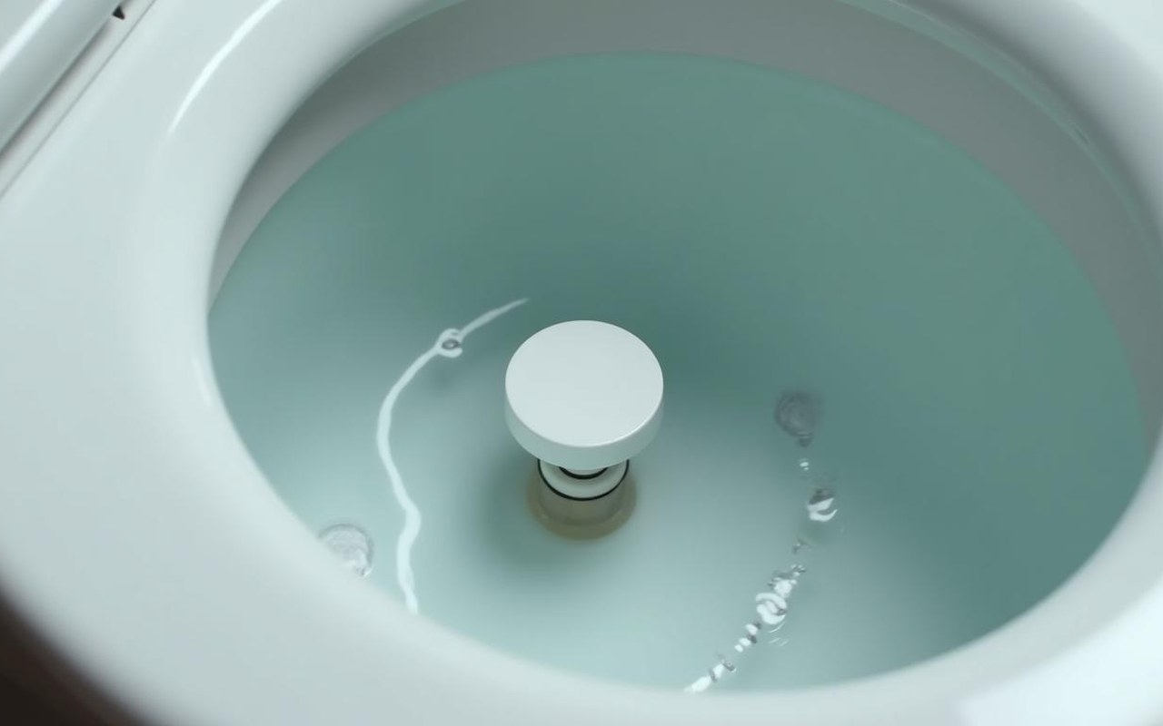 Mécanisme de flotteur de WC avec flotteur à gaine coulissante réglé dans un réservoir.