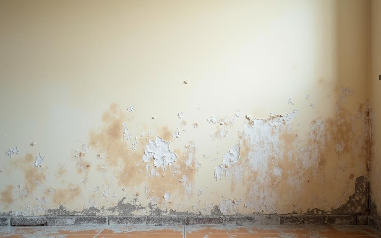 Mur intérieur avec taches d'humidité, signes de remontées capillaires et condensation.