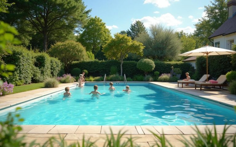 Piscine familiale de taille minimum dans un jardin avec des enfants jouant à proximité.