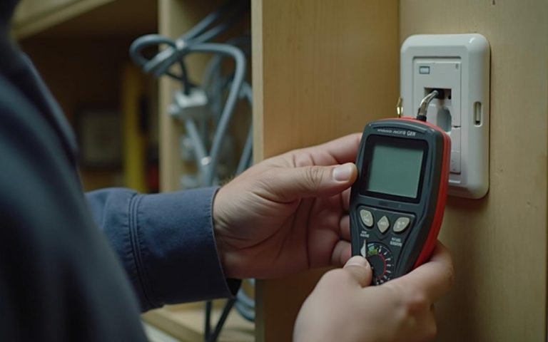 Testeur de fuite de courant utilisé dans une cuisine pour diagnostiquer une installation électrique.