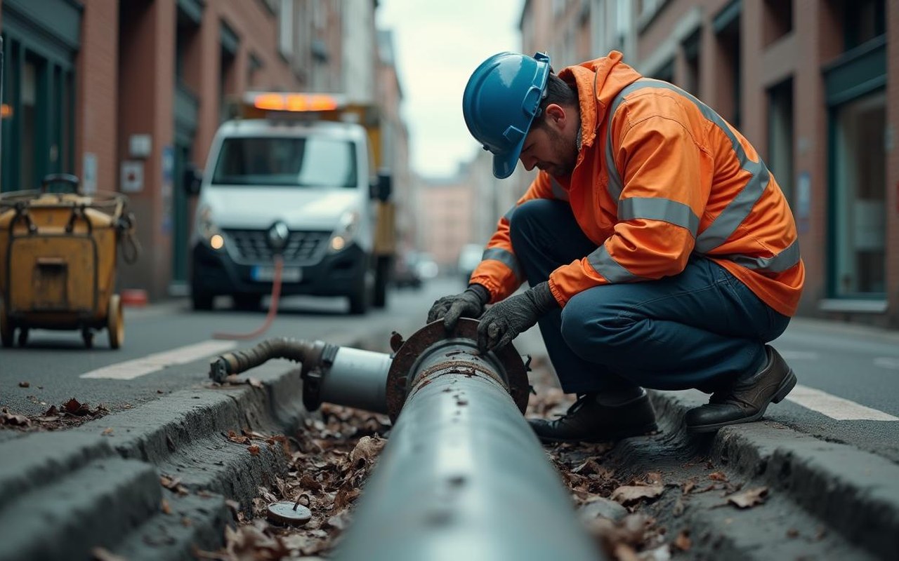 Technicien débouchant une canalisation dans une rue urbaine avec des équipements professionnels.