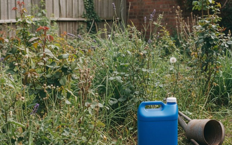 Jardin avec mauvaises herbes et flacon d'AdBlue, illustrant la confusion sur les désherbants.