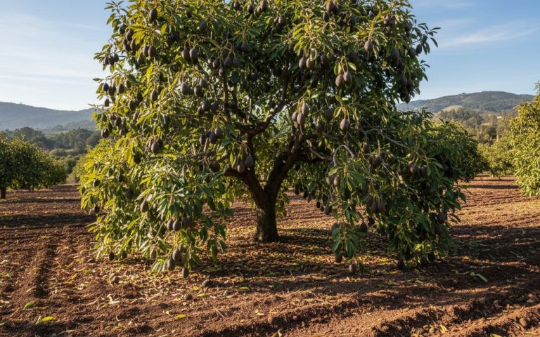 Avocatier mature avec des fruits en pleine terre, dans un environnement ensoleillé.