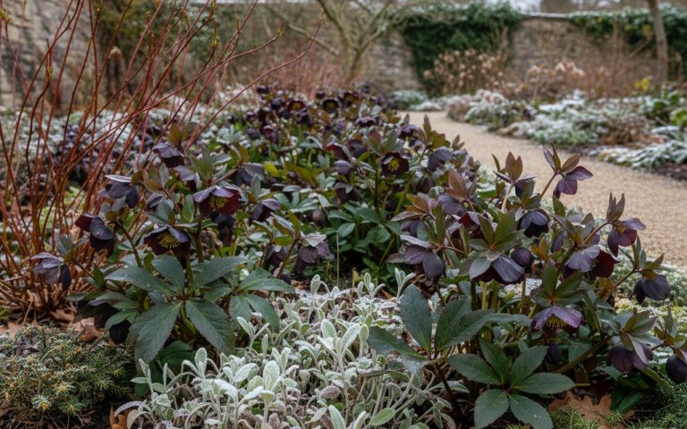 Jardin d'hiver avec des hellébores noires en fleurs, illustrant leur beauté hivernale.