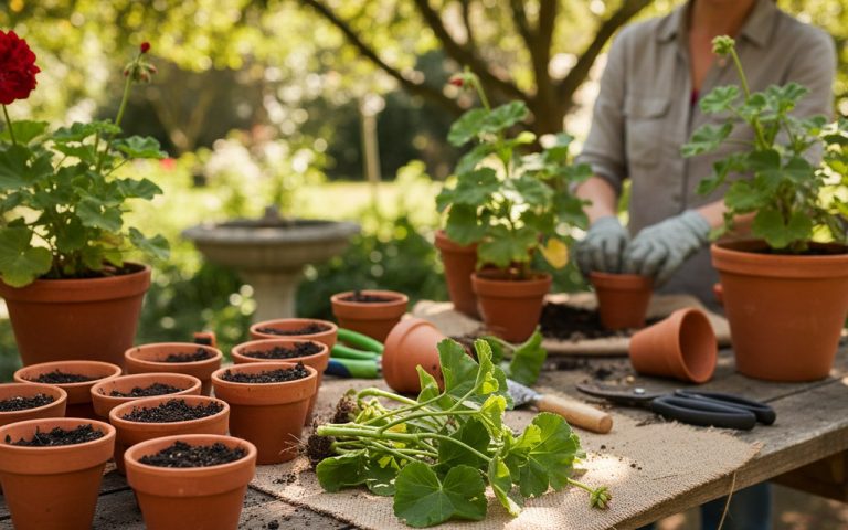 Un jardinier bouturant des géraniums sur une table de jardin avec des pots en terre cuite.