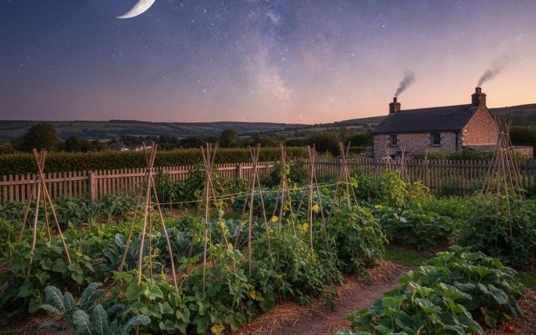 Jardin potager avec des plantes et une lune montante dans le ciel.