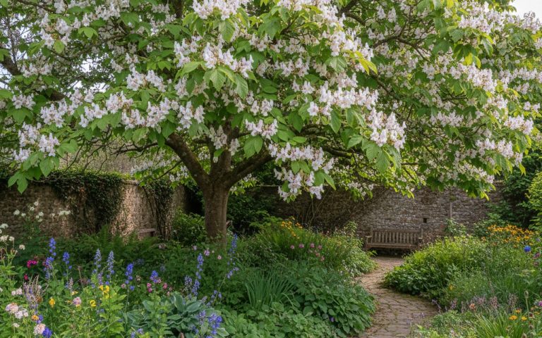 Arbre de catalpa en fleurs dans un jardin verdoyant, mettant en valeur ses fleurs blanches et pourpres.