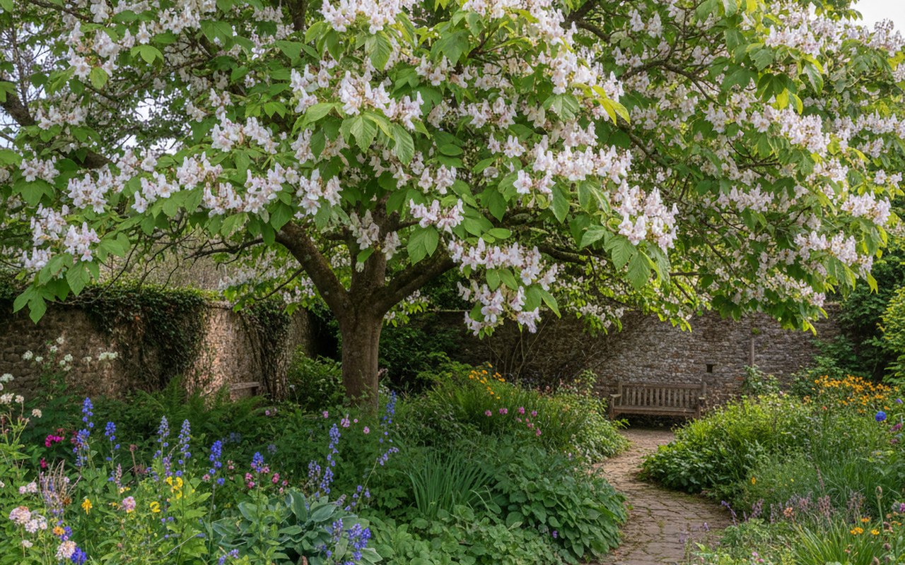 Arbre de catalpa en fleurs dans un jardin verdoyant, mettant en valeur ses fleurs blanches et pourpres.