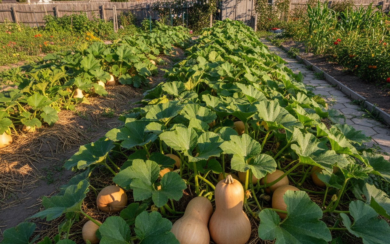 Plants de butternut en pleine croissance dans un jardin ensoleillé, montrant des courges bien formées.