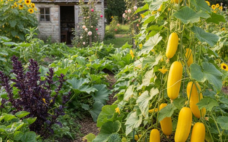 Jardin potager avec des concombres jaunes Gele Tros entourés de verdure.