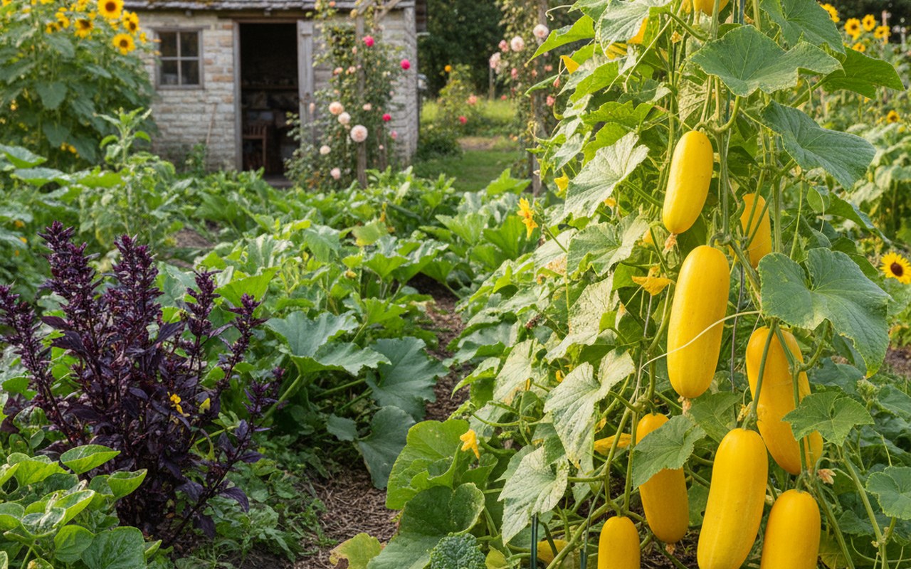 Jardin potager avec des concombres jaunes Gele Tros entourés de verdure.