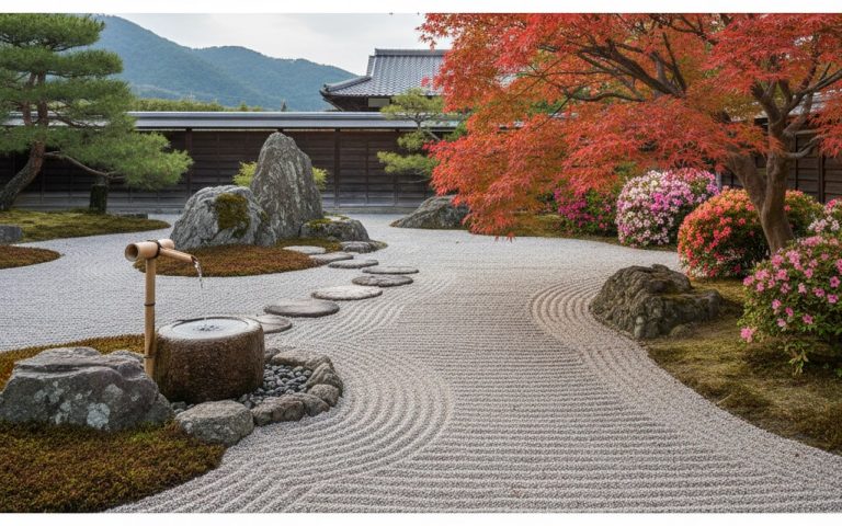 Jardin zen japonais avec fontaine, pierres et plantes, symbole de sérénité.