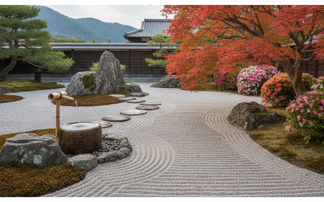 Jardin zen japonais avec fontaine, pierres et plantes, symbole de sérénité.