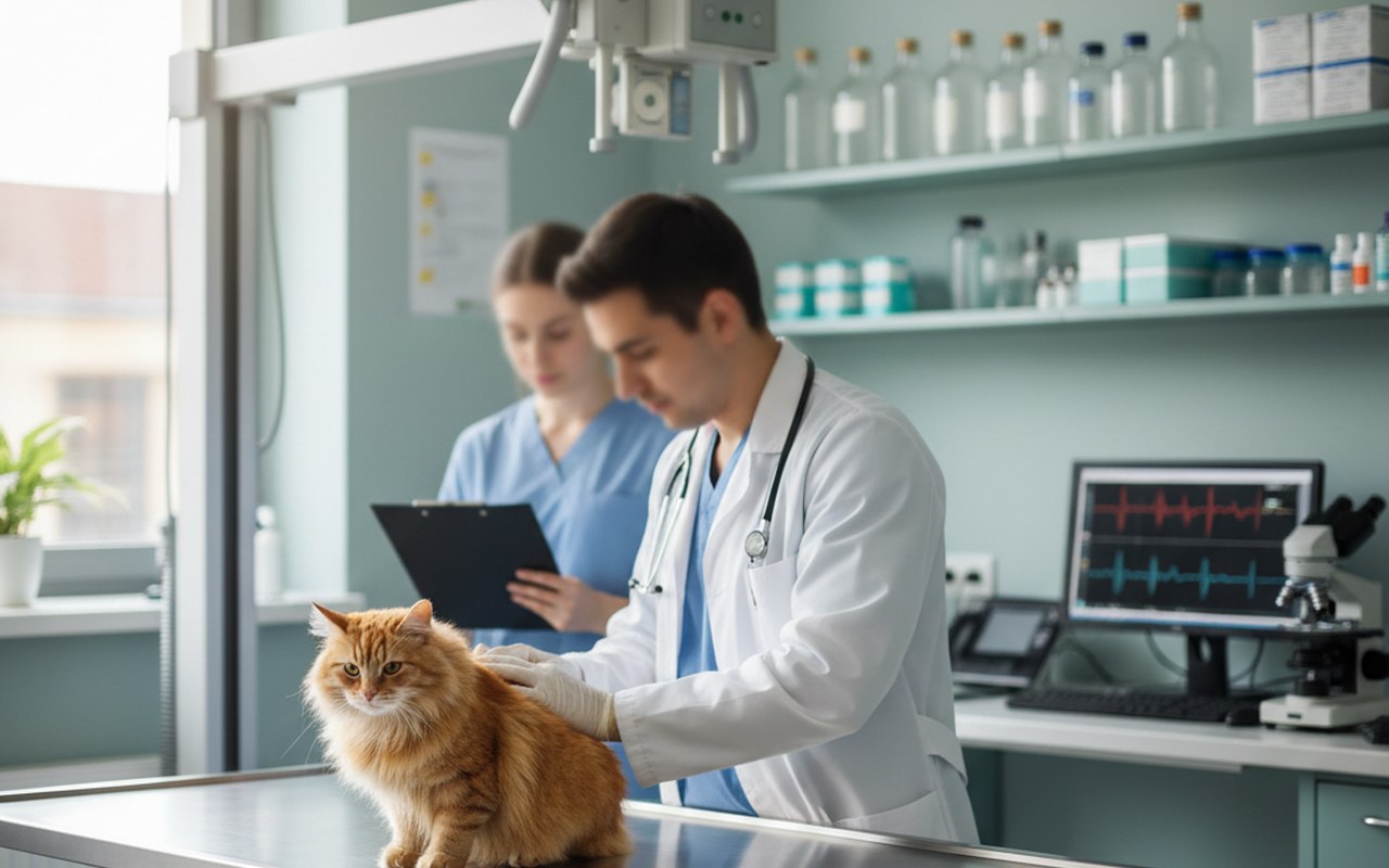 Un chat en consultation vétérinaire pour le coryza.
