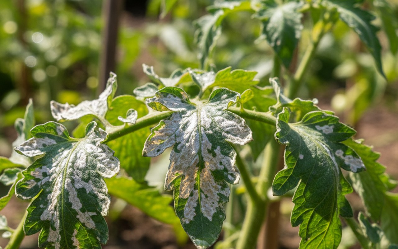 Feuilles de tomate avec coup de soleil, montrant des taches blanchâtres et ridées.