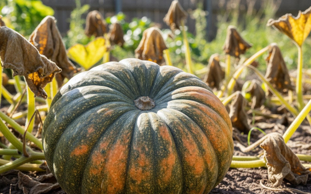 Courge musquée de Provence verte et orangée dans un jardin ensoleillé.