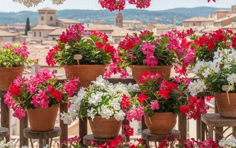 Balcon fleuri avec des pots de dipladenia colorés disponibles chez Lidl.