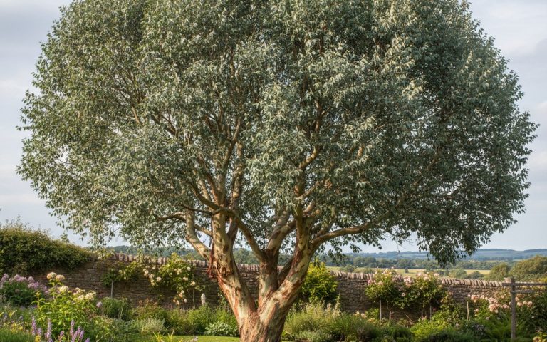 Eucalyptus gunnii avec feuillage bleu-argenté et écorce exfoliante dans un jardin.