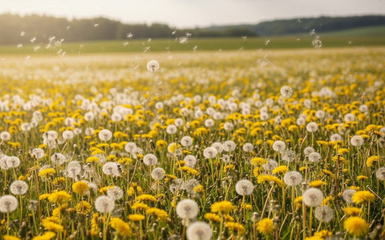Champ de pissenlits en fleurs avec des capitules jaunes et des boules de graines plumeuses.