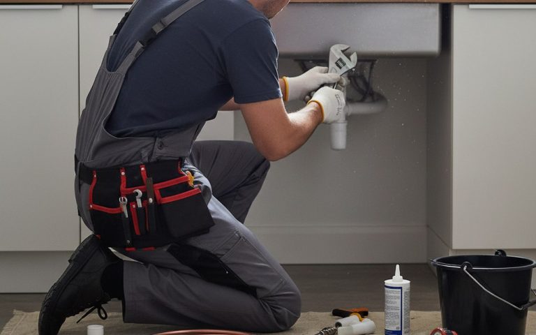 Un bricoleur effectuant des travaux de plomberie à domicile avec des outils adaptés.