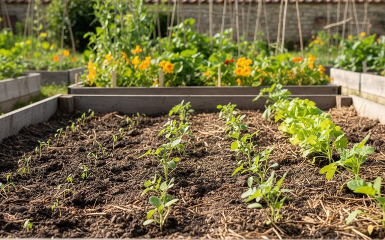 Un jardin potager avec différentes graines en terre, symbolisant la germination des plantes.