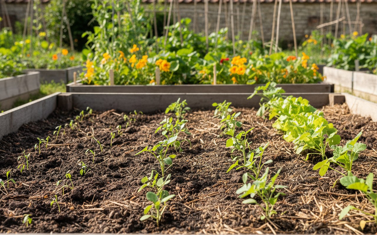 Un jardin potager avec différentes graines en terre, symbolisant la germination des plantes.