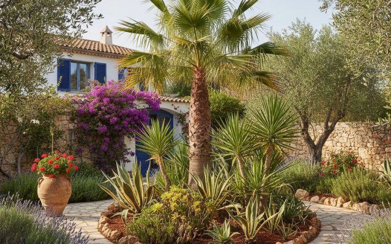 Hanfpalme Trachycarpus fortunei dans un jardin méditerranéen luxuriant.