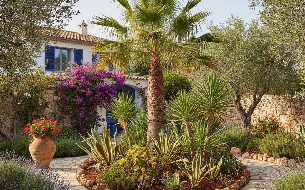 Hanfpalme Trachycarpus fortunei dans un jardin méditerranéen luxuriant.