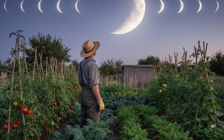 Un jardinier observant la lune dans son jardin potager, avec des plantes en pleine croissance.