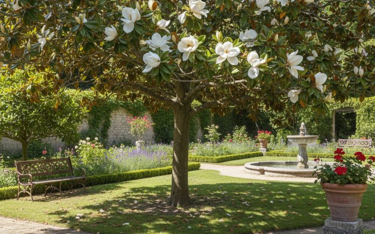 Magnolia grandiflora en fleur dans un jardin français, fleurs blanches et feuillage vert brillant.