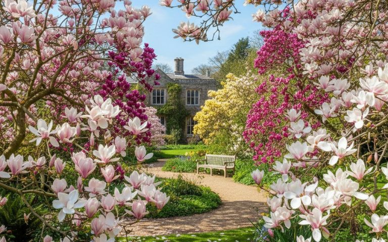 Jardin fleuri avec différentes variétés de magnolias en pleine floraison.