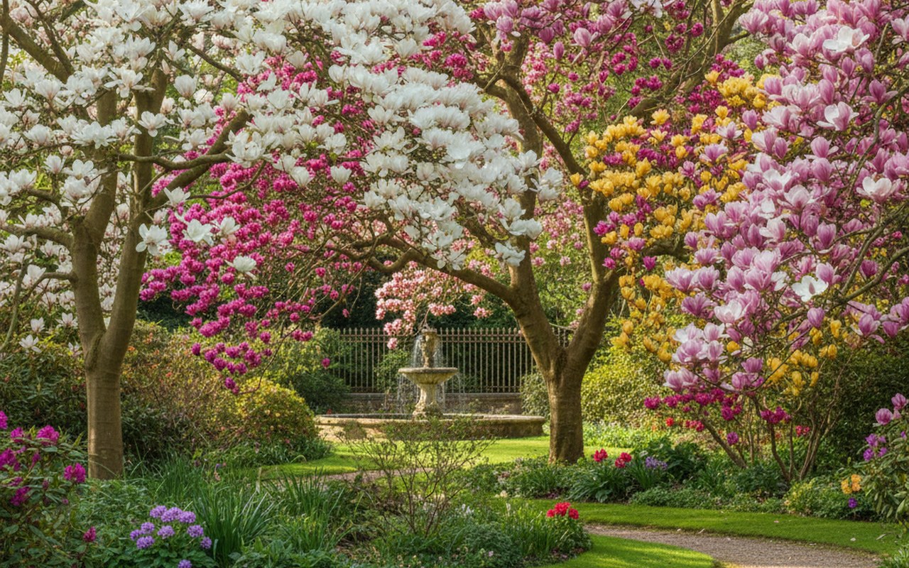 Jardin avec différentes variétés de magnolias en fleurs, illustrant leur beauté et diversité.