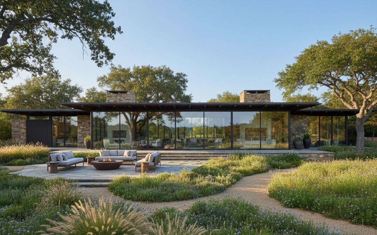 Maison américaine de style ranch avec jardin spacieux et grandes baies vitrées.