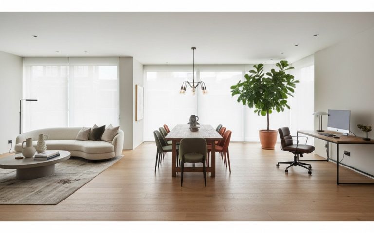 Intérieur moderne avec zones distinctes et décoration tendance