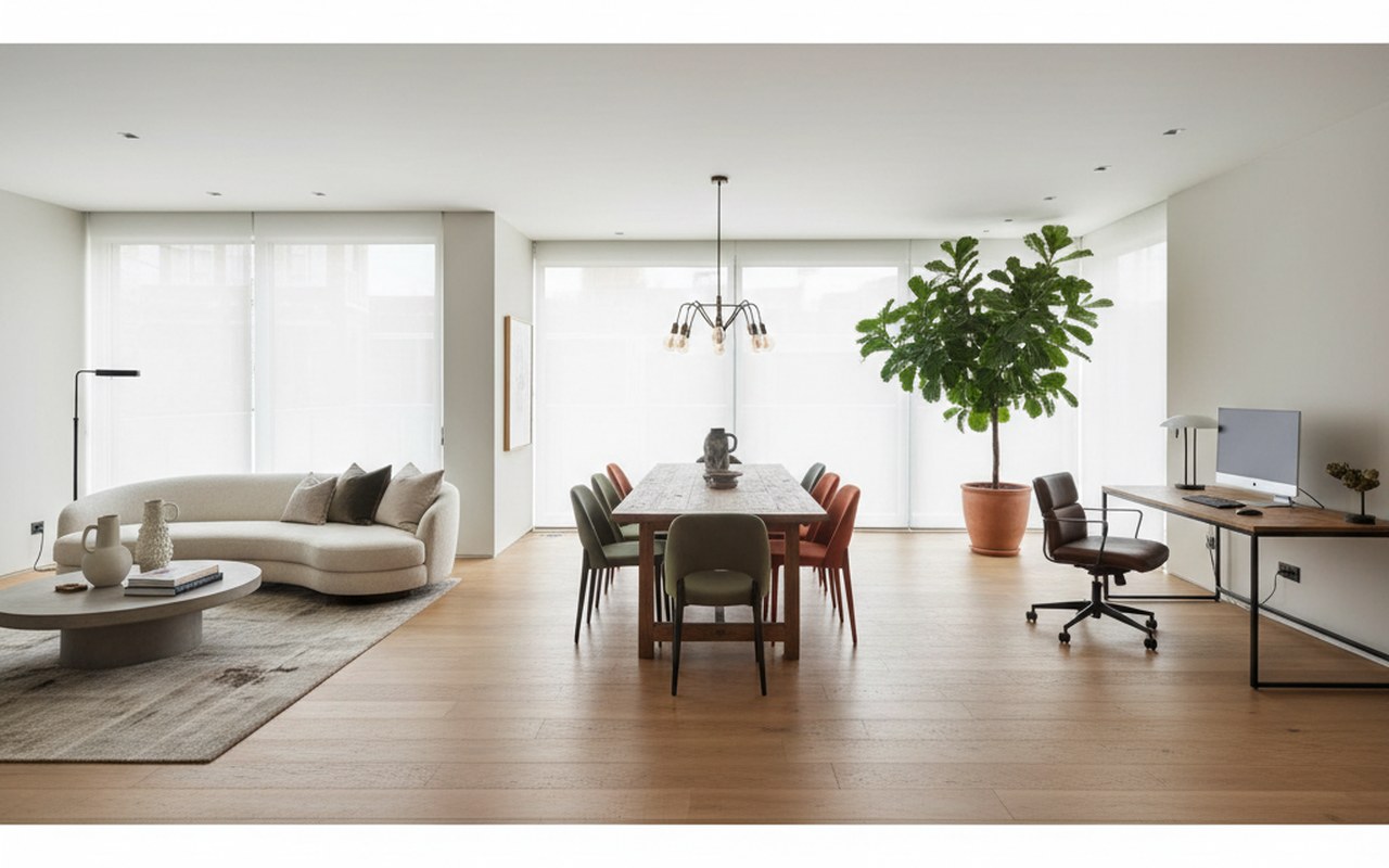 Intérieur moderne avec zones distinctes et décoration tendance