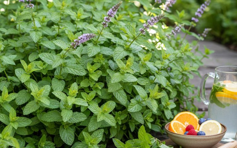 Menthe citronnée en pleine croissance dans un jardin, avec des feuilles vert clair et des fleurs violettes.