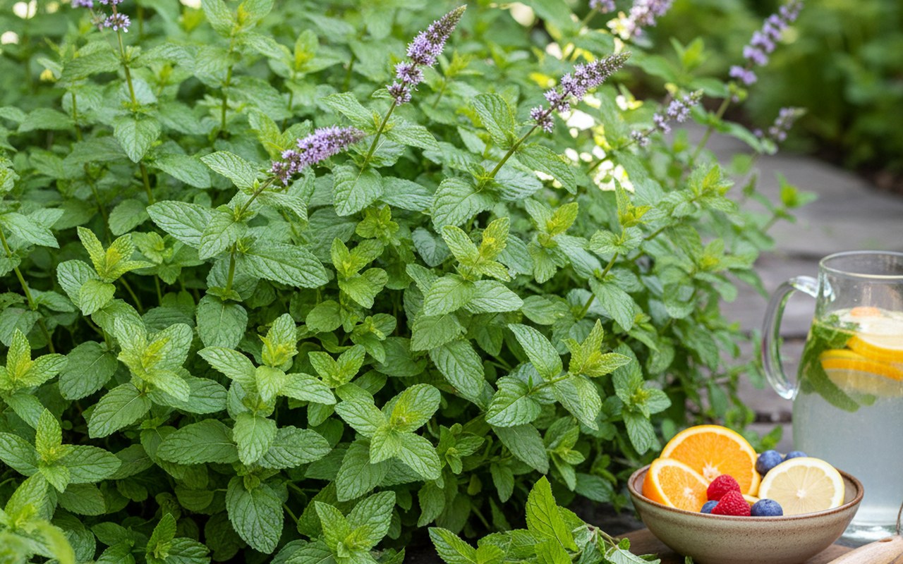 Menthe citronnée en pleine croissance dans un jardin, avec des feuilles vert clair et des fleurs violettes.