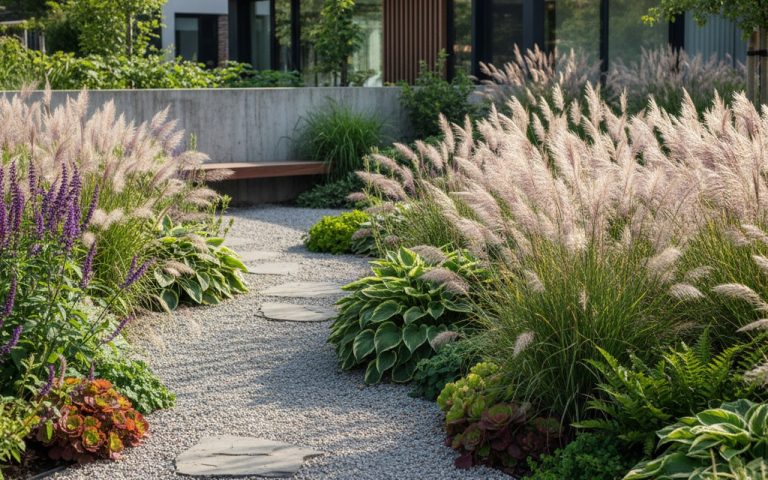 Jardin moderne avec des touffes de miscanthus en pleine floraison, illustrant son attrait ornemental.