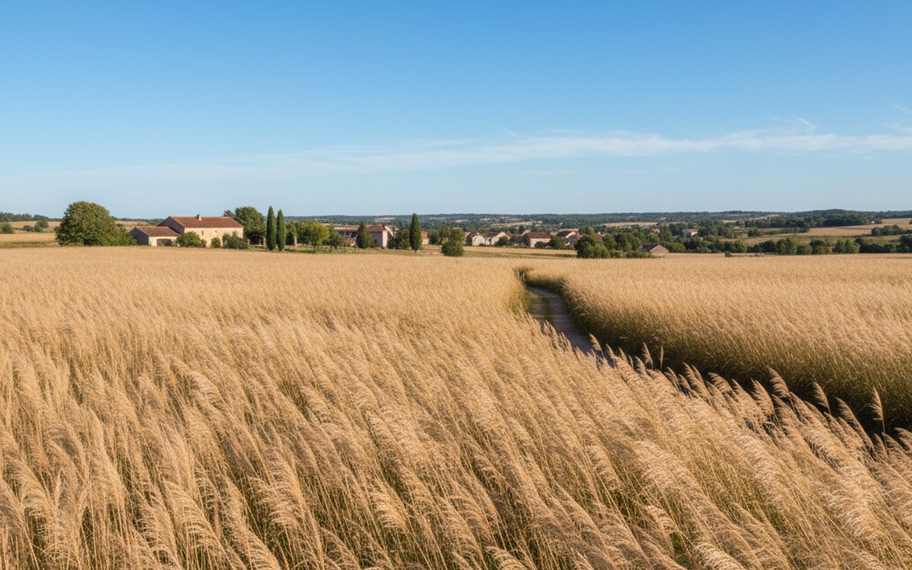 Champ de miscanthus en pleine croissance dans un paysage rural français.