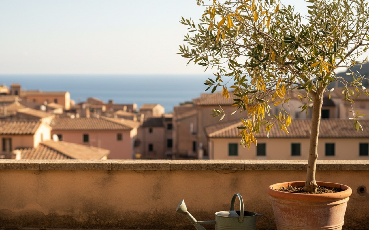 Olivier en pot avec feuilles jaunies sur un balcon ensoleillé, arrosoir à proximité.