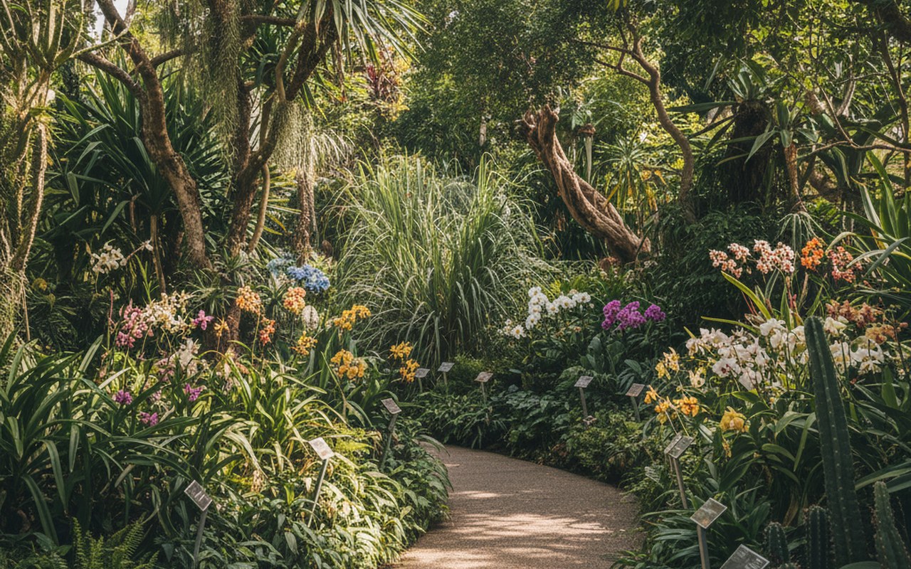 Jardin botanique avec des plantes étiquetées par leur nom scientifique.