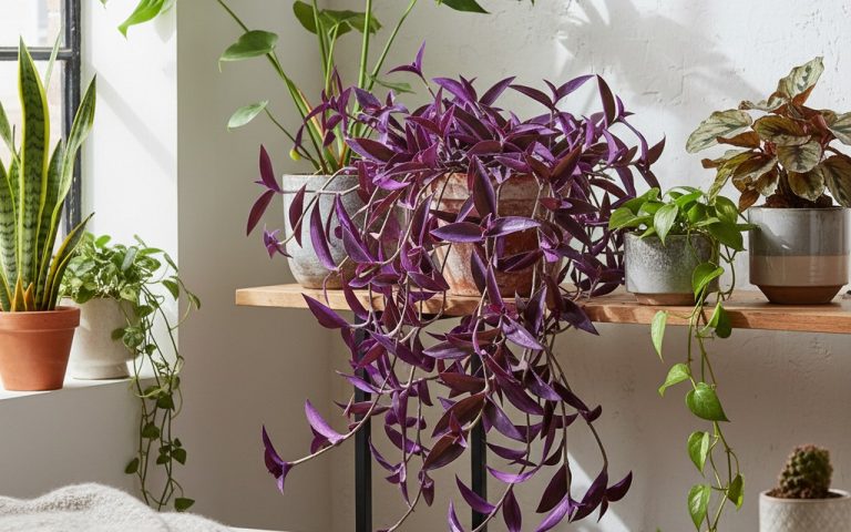 Plante misère (Tradescantia pallida) avec des feuilles pourpres dans un intérieur lumineux