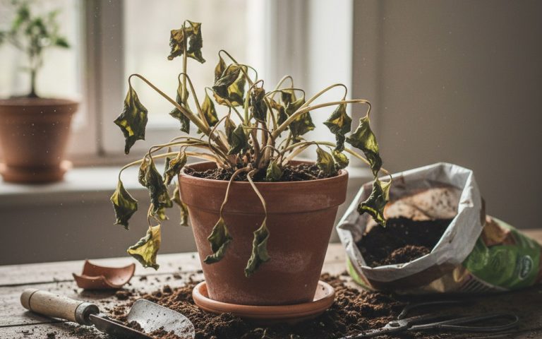 Plante en pot flétrie après rempotage, entourée de terreau et d'outils de jardinage.
