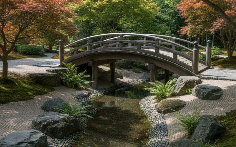 Pont japonais cintré en bois dans un jardin zen, traversant un ruisseau.