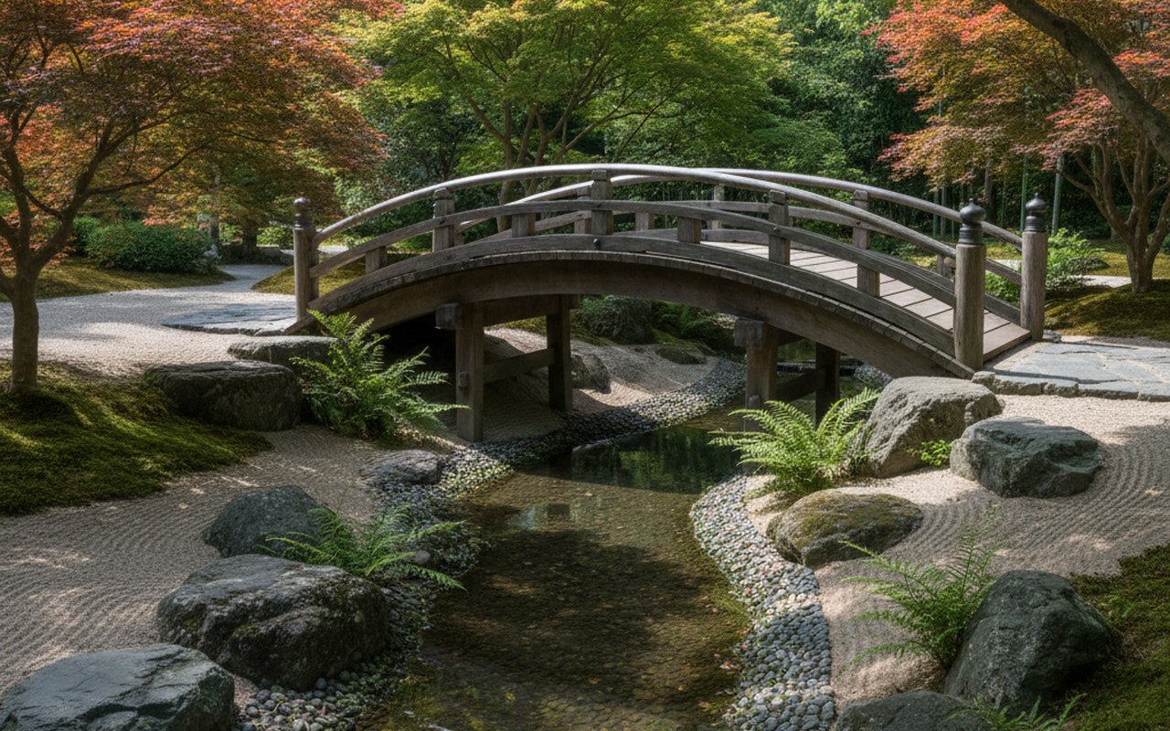 Pont japonais cintré en bois dans un jardin zen, traversant un ruisseau.