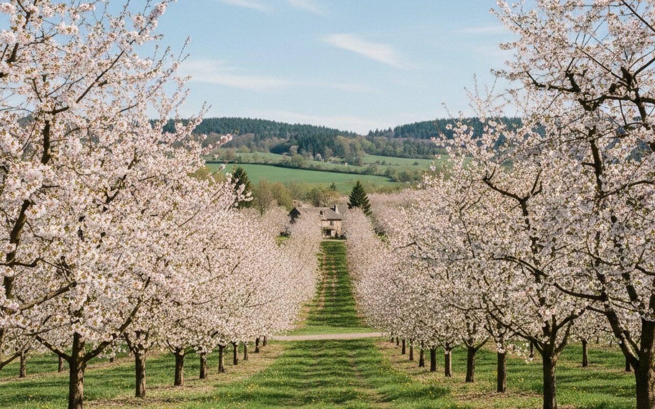 Verger de Prunus en fleurs au printemps, cerisiers et pruniers sous un ciel bleu.