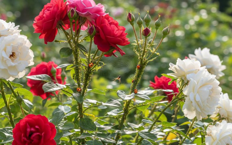 Rosier avec pucerons et coccinelles, illustrant la lutte naturelle au jardin.